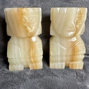 Vintage Onyx Stone‎ Carved Mayan Tiki Totem Statue Bookends Set of 2